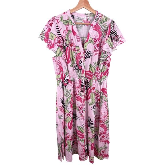 Linen Maxi Dress Rafaella Women's Size XL Pink Floral Tropical Island Cap Sleeve - Picture 1 of 9